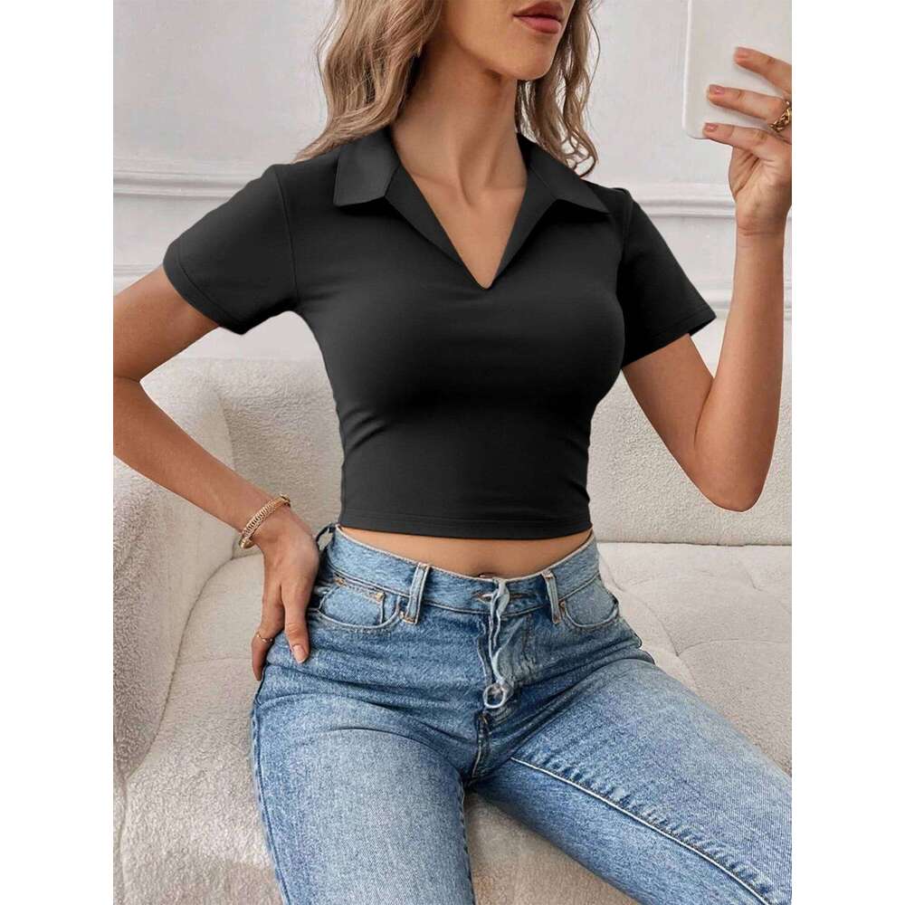 Women's Stretchy Fitted Crop Polo Shirt Short Sleeve V-Neck Collar Soft Blouse Casual Street Party Daily Wear Spring Summer 26W0224