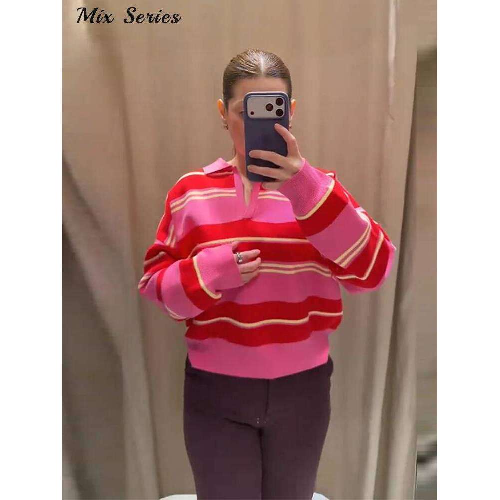 Fashion Polo Collar Striped Knit Sweater Women's Long Sleeve Loose Pullover Top 2026 Spring New Lady All-match Casual Wear 26W0224