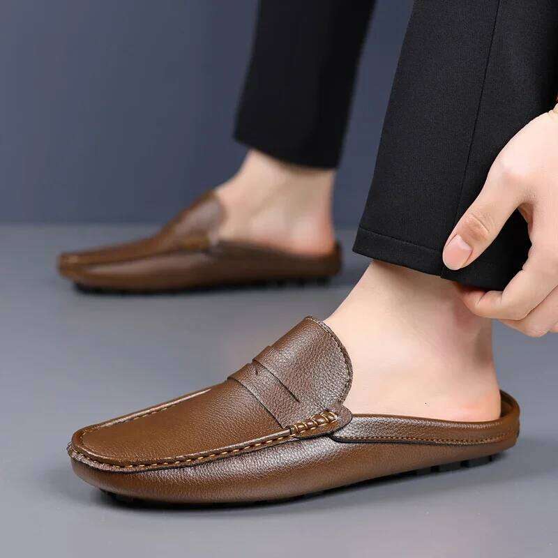 Summer Slip-on Soft Leather Slippers High Quality Flats Male Walking Casual Loafers Half Shoes for Men Lazy Shoe