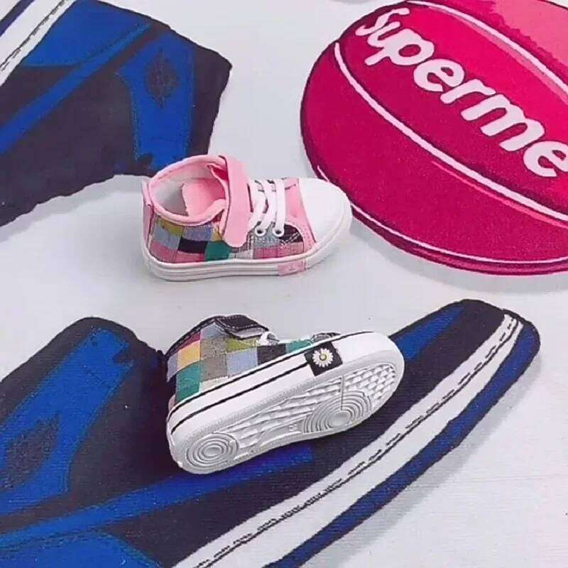 Children New Fashion Canvas Boys Girls Flower Plaid Prints Board High Top Soft Sole Non Slip Hook and Loop Shoes 26W0224