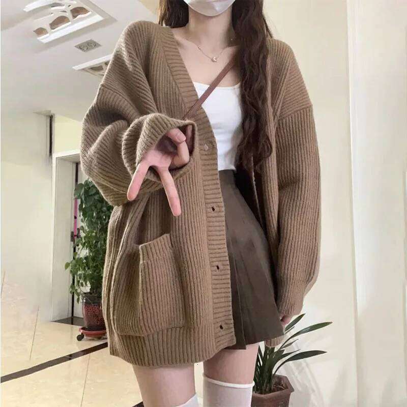 Korean version V-collar lazy wind cardigan Japanese department simple sweater female spring and autumn winter casual loose knit 26L0224