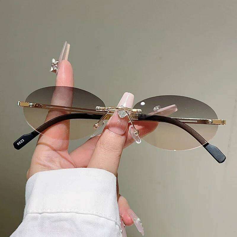 Rimless Oval Sunglasses Women Fashion Gradient Decor Shades Eyewear New Trendy Vintage Brand Design Casual Eyeglasses 26W0224