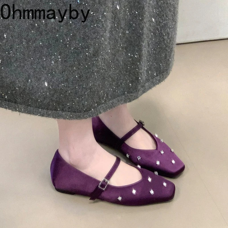 Crystal Square Toe Women Ballet Flats Ladies Elegant Dress Mary Jane Shoes 2026 Spring Autumn Concise Zapatos De Mujer 260130