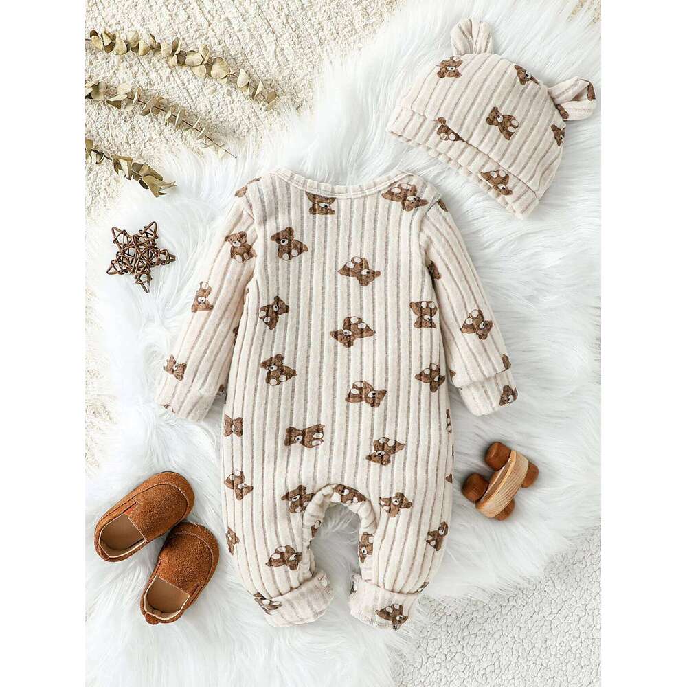 Newborn Fall Unisex Baby Girls Boys Rompers Infant Clothes Bear Print Crew Neck Long Sleeve Toddler Jumpsuits with Hat 1-24M 26H0224