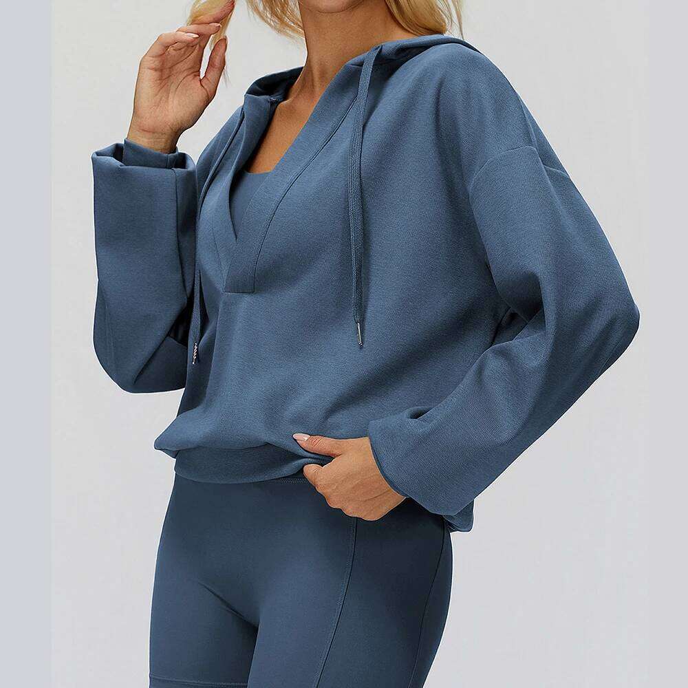 New Female Yoga Long Sleeve Top Hooded With Large V-neck Loose And Comfortable Outerwear Outdoor Running Sports 26Y0224
