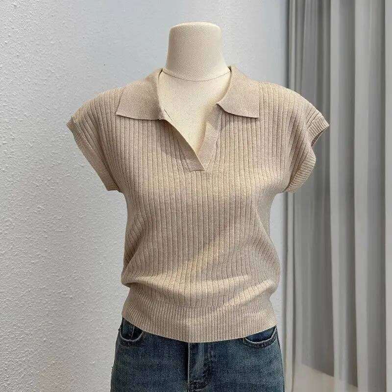 Solid-Color Knit Short-Sleeve T-Shirt for Women Neck Slim-Fit Versatile Top Chic Trendy Blouse Polo Shirts Mujer Tees 26W0224