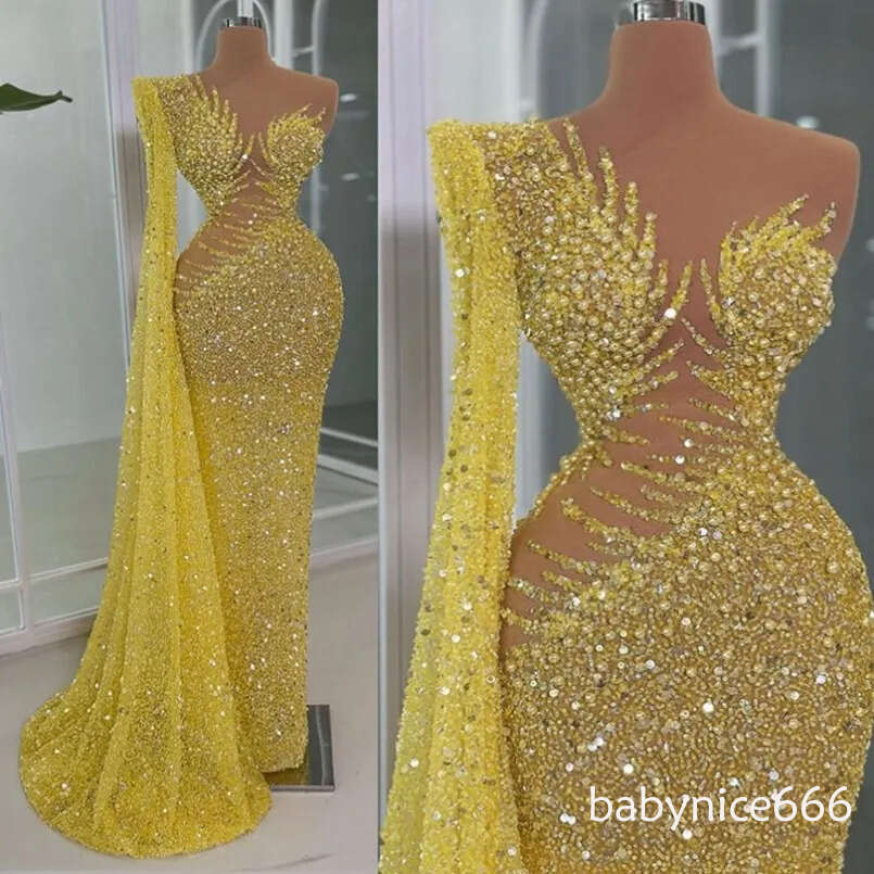 2026 Gold Prom for Black Women Evening Dresses Illusion Mermaid Promdress Beaded One Shoulder Sequined Lace Pearls Second Reception Gowns O29