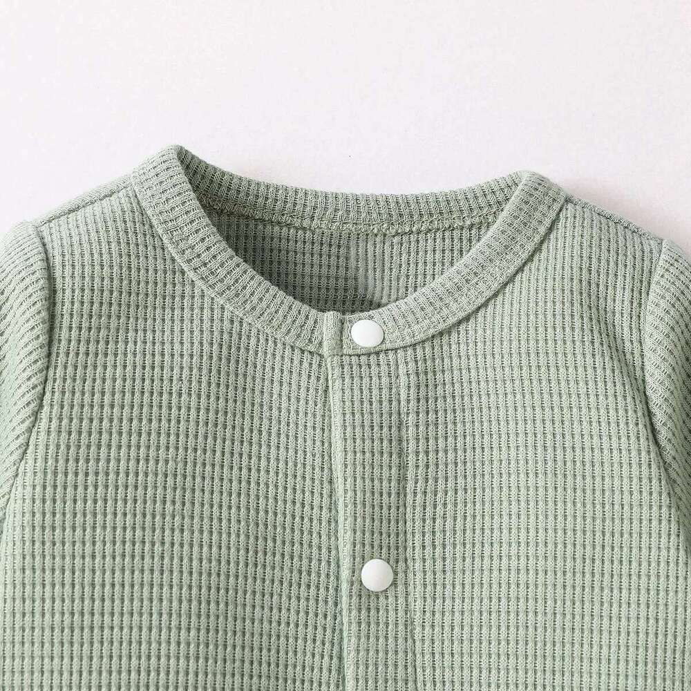 Baby Newborn Boys Spring/Autumn Long Sleeve With Button Green Solid Waffle Casual Jumpsuit 26H0224