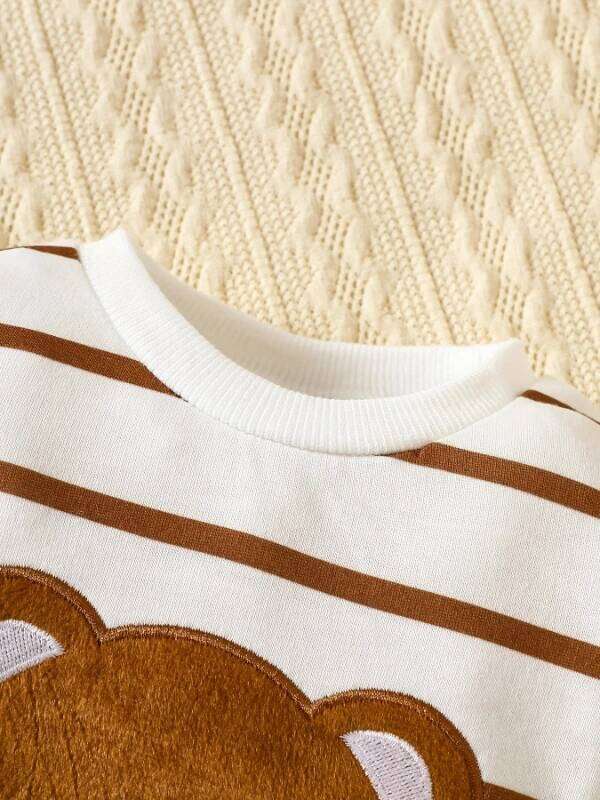 "Korean-Style Baby Romper | Brown White Striped Onesie with Bear-Holding-Heart Embroidery - 'I Love Mom & Dad' Themed" 26Y0224