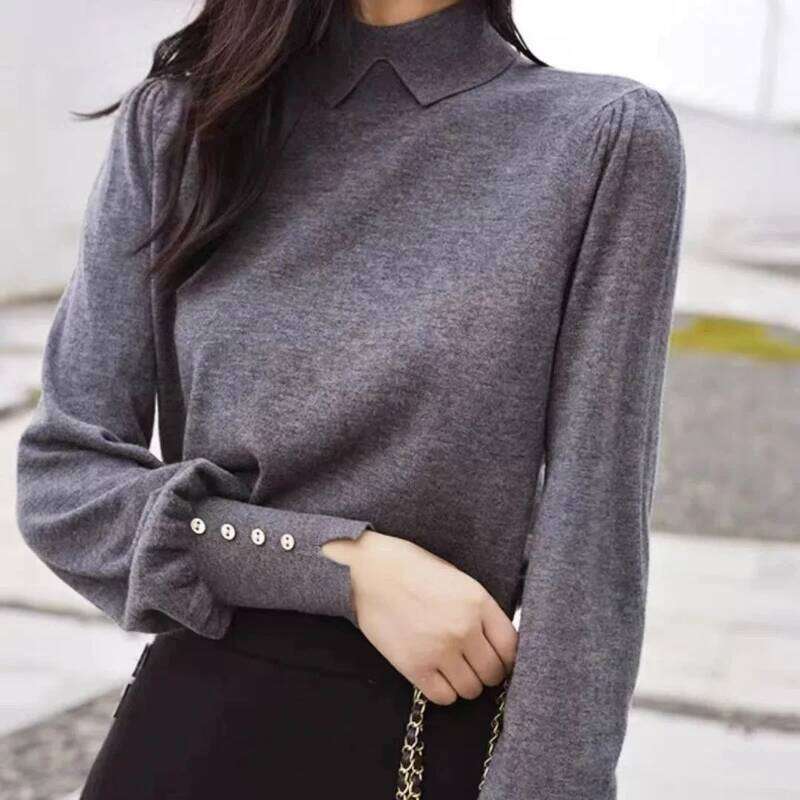 Women Clothing Temperament Polo Neck Knitting Pullovers Top Autumn Winter New Button Long Sleeve Solid Sweaters Elegant Fashion 26W0224