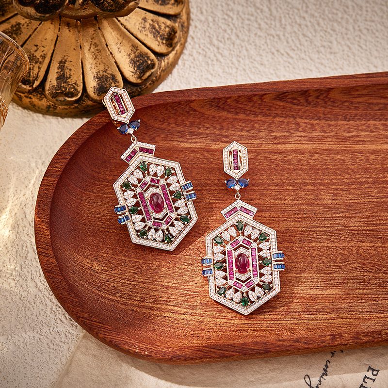 Earrings Trade Diamond-Shaped Square Earrings, Gold-Plated With Red Corundum Earrings, Luxurious And High-End Celebrity Style Earrings