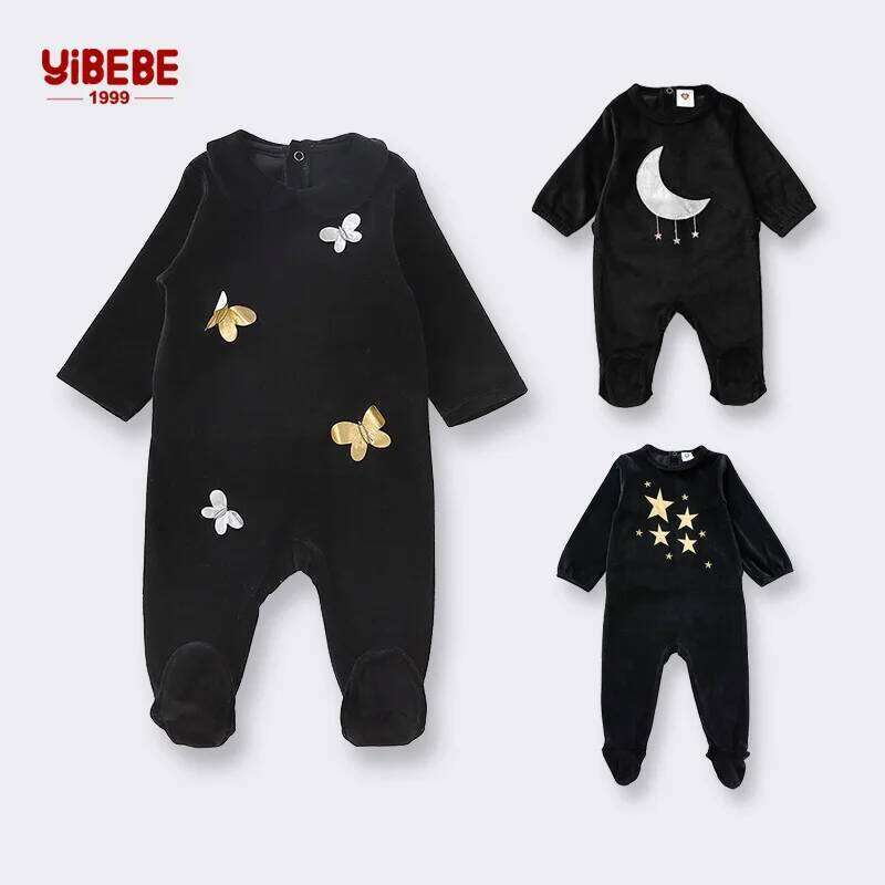 0-24M Newborn baby Footed Rompers Black Long Sleeve Velvet Warm Infant Jumpsuit Boy Girls Pajamas Toddler Outfit 26Y0224