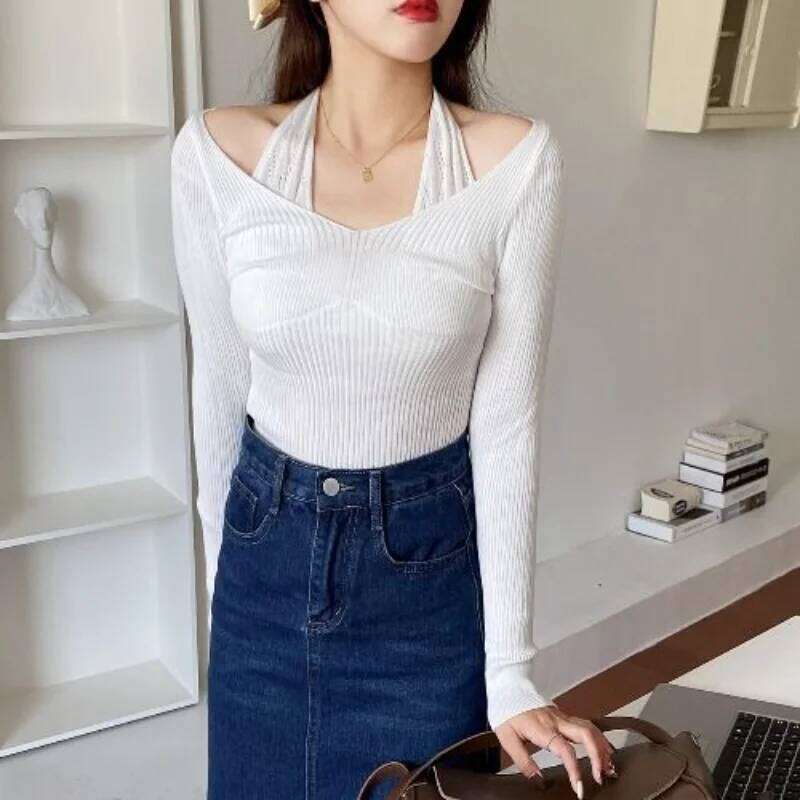 V-neck Halter Neck Sweater Women Slim Long Sleeve Autumn Design Korean Fashion Casual Top 26L0224