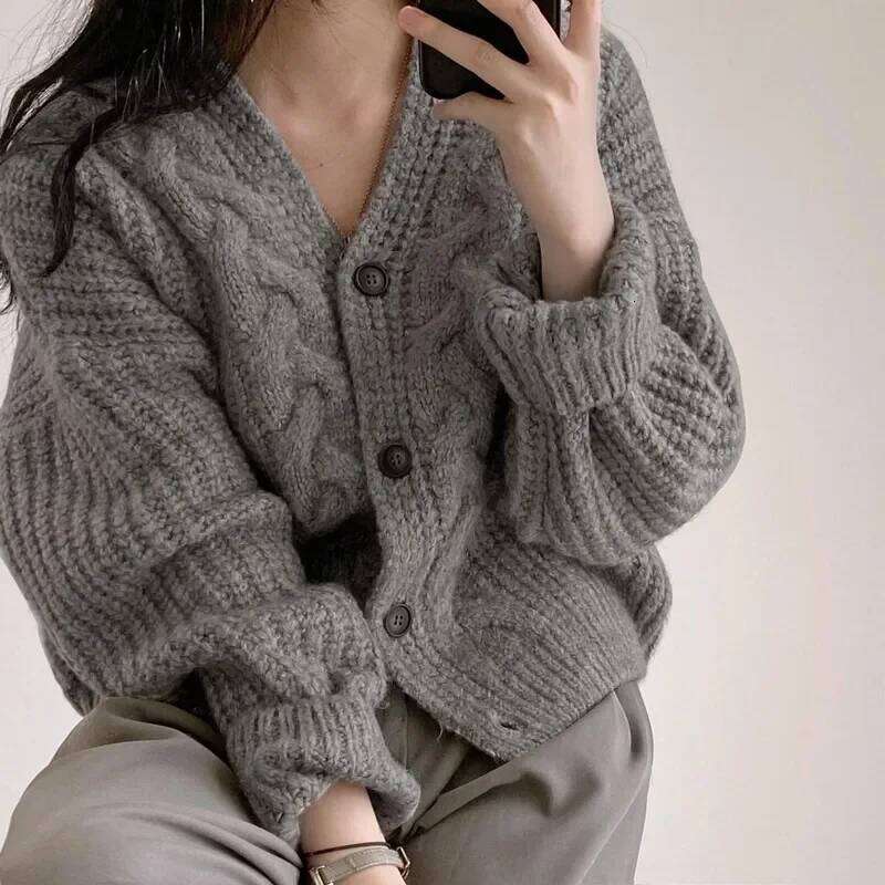 Fashion Winter Warm Long Sleeve Women V-nek Loose Cardigan Sweater Autumn Elegant Solid Color Casual Knitted Top 26L0224
