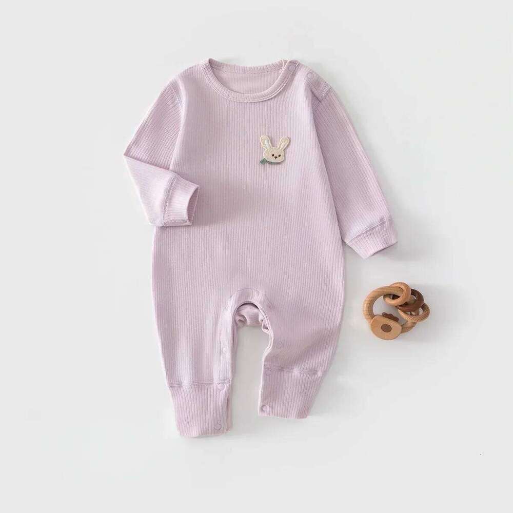 0-2Y Infant Girl Boy Jumpsuit Ribbed Knit 2026 Newborn Romper Spring Cute Patch Easy Snap Closure Soft Baby Clothes 26H0224