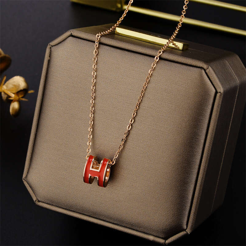 H Necklace Enamel High Version Trendy Letter Mini Collarbone Chain For Women