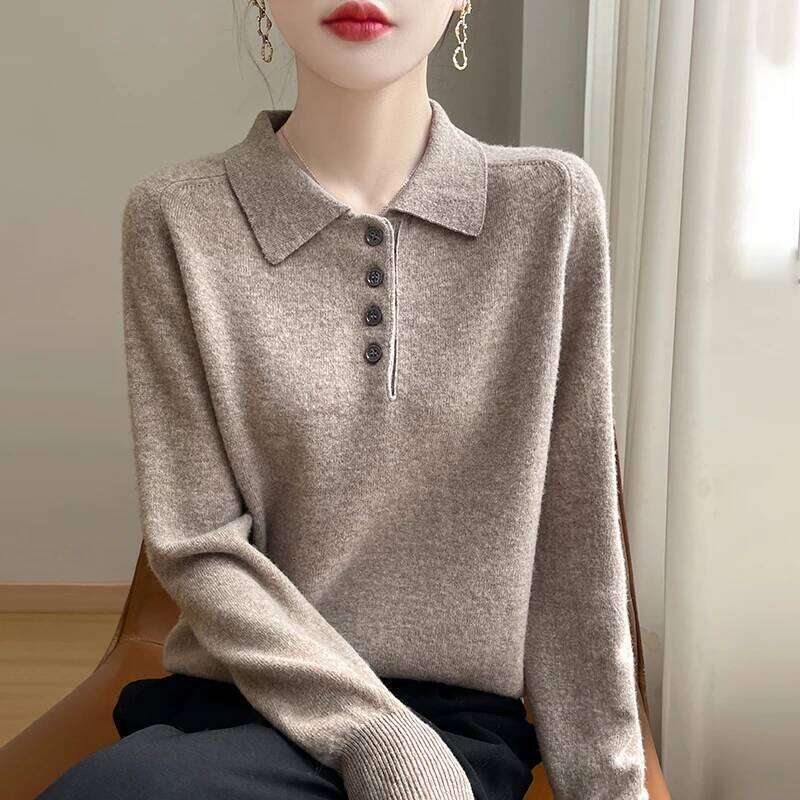 Polo Neck Pullover 100% Merino Wool Solid Color Knit Top Fashion Korean Sweater Autumn and Winter Women's Clothes 26W0224