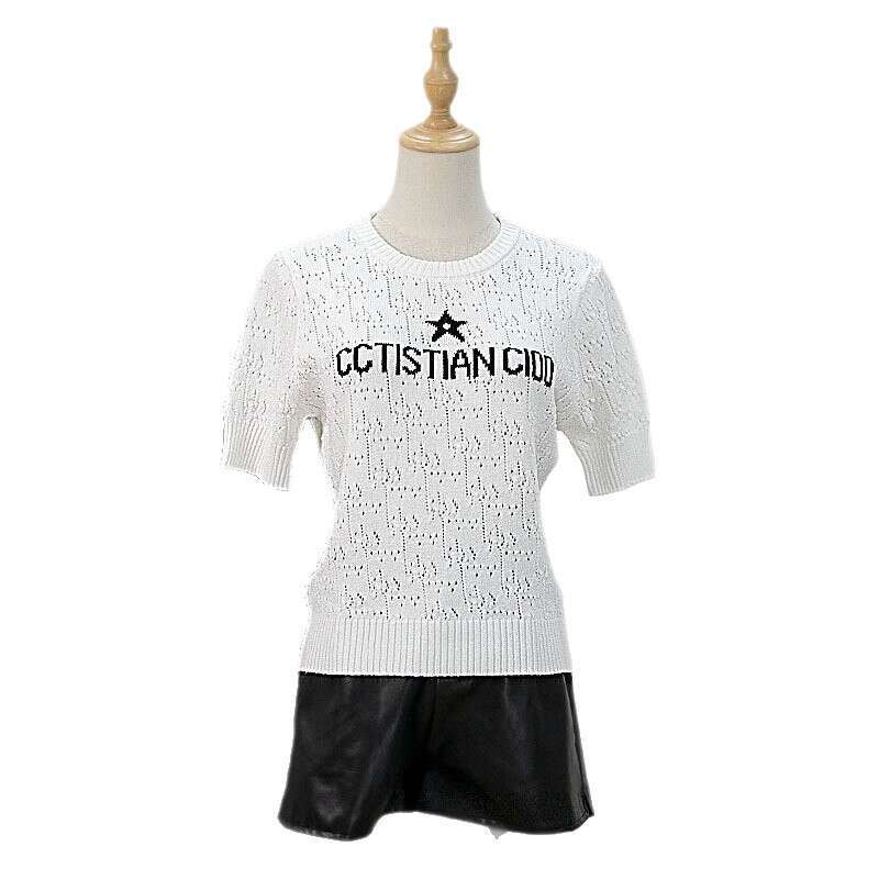 Elegant Hollow-Out Short-Sleeve Summer Jacquard Star-Letter New Loose Round-Neck Knit Pullover Sweater