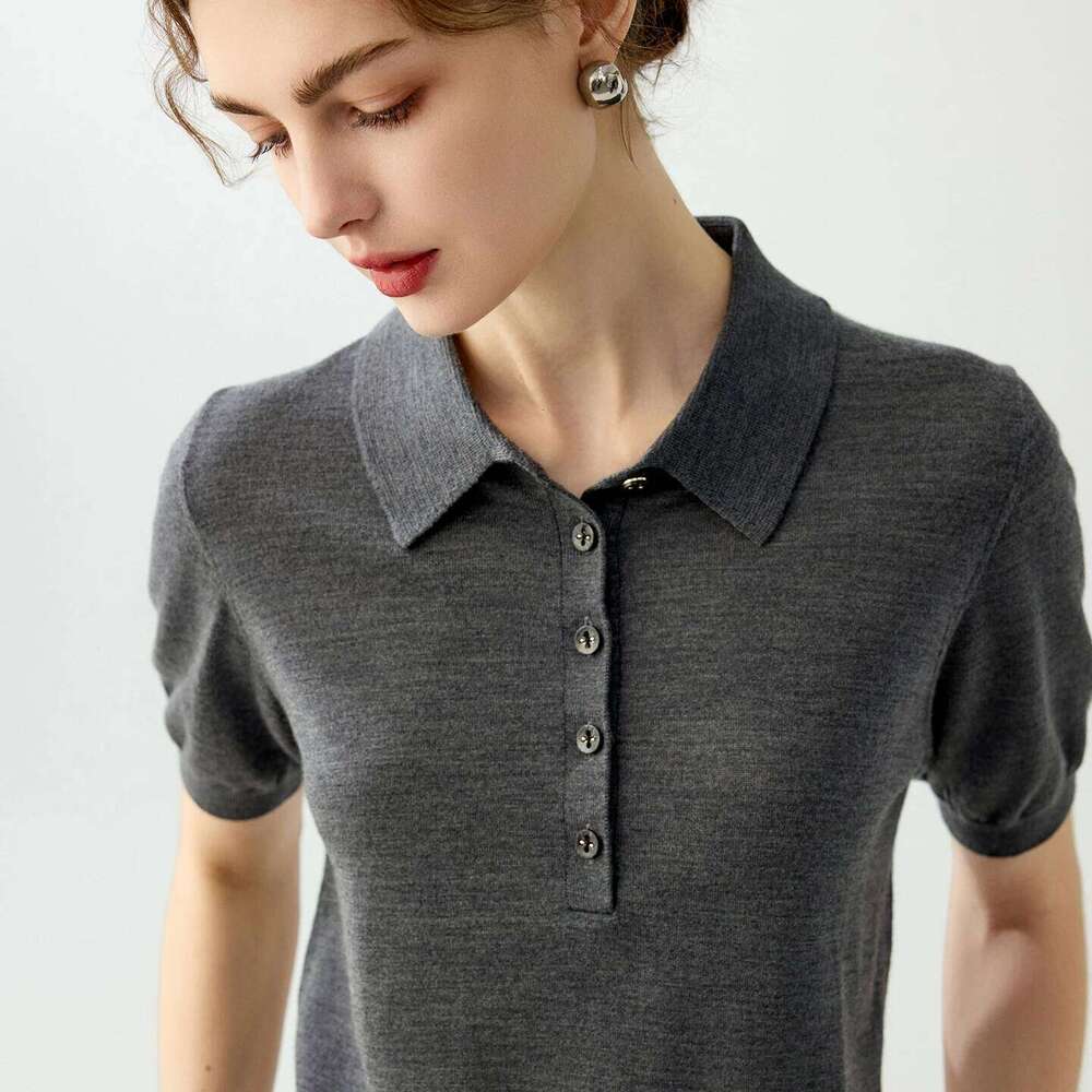 Ladies' 100% fine spun wool sweater short sleeved casual Tees solid color knitted T-shirt POLO collar Tops loose Pull Jumper 26W0224