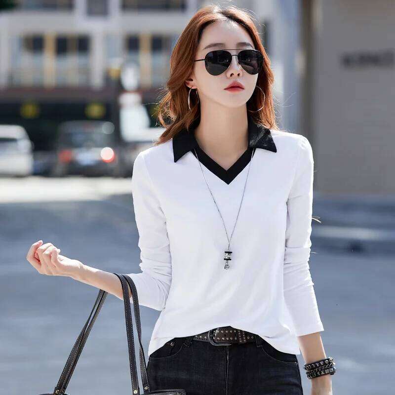 Women's Cotton Long Sleeve Polo Shirt 2026 New Loose Fit Casual Blouse Contrast Color Collar Fashion Autumn Top for Daily Wear 26W0224