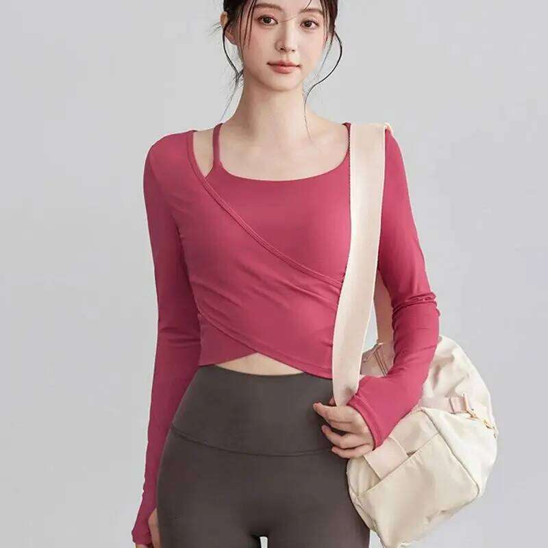 Women's Slimming 2-in-1 Yoga Shirt Top with Padded Professional Pilates Wearing Fitness Training Long Sleeve Gym Clothing 26Y0224