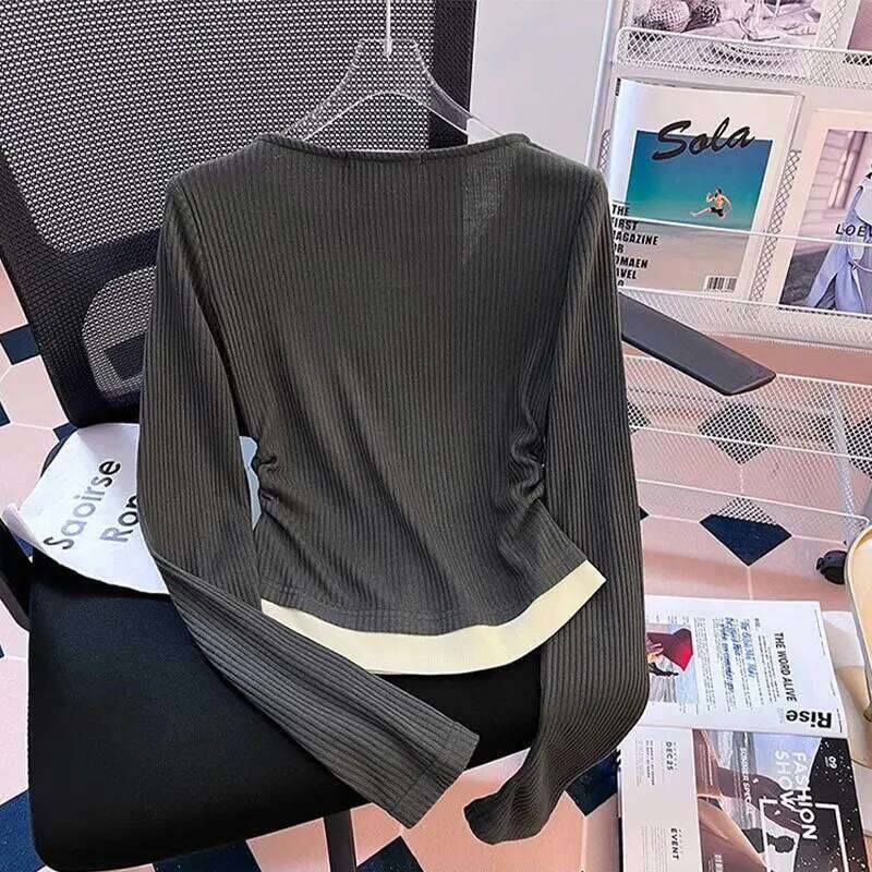Unique Design Fake Two Pieces Long Sleeve Slim Fit T-Shirt Women's Early Autumn Wrinkle New Base Shirt Top Korean Knitwear 26L0224
