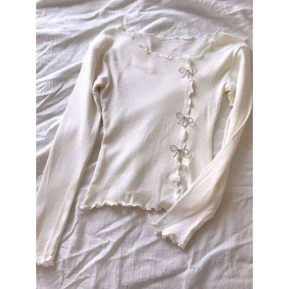 2026 Black/White Solid Lettuce Trim Bowknot Pullover Y2K Casual Long Sleeve Sweater For Spring & Fall Women's Clothing 26L0224