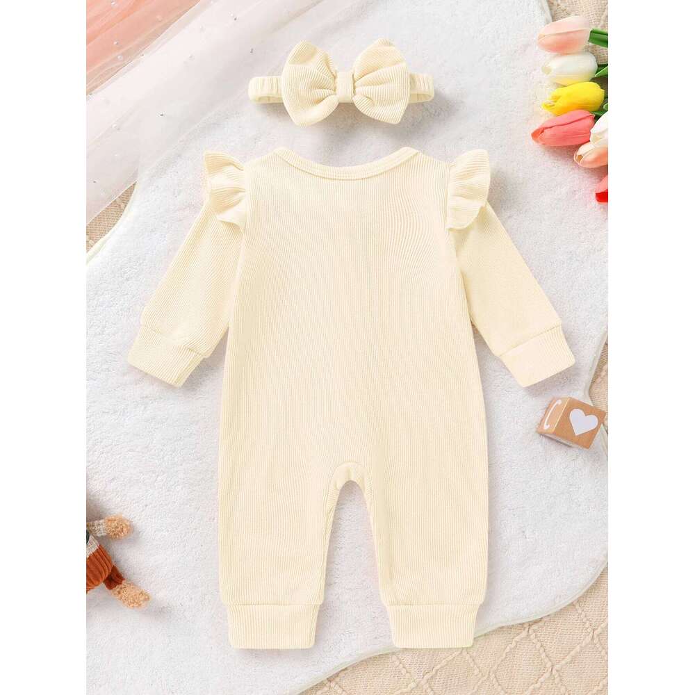 2PC Set Infant Girl Autumn Ruffle Long Sleeve Cute Bear Motif Ribbed Romper and Headband 26H0224