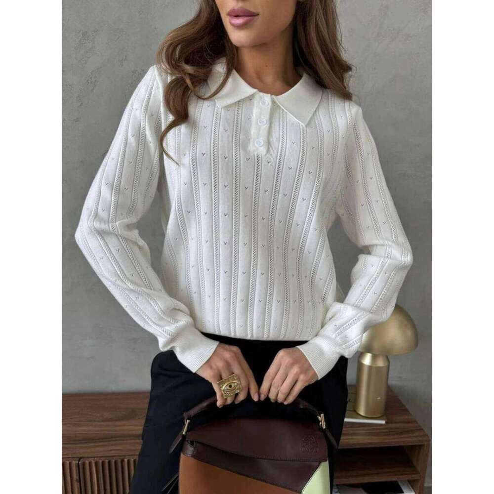 Blubelle Women's Autumn New Jacquard Sweater Loose Versatile Polo Shirt Collar Long Sleeve Knitted Top 26W0224
