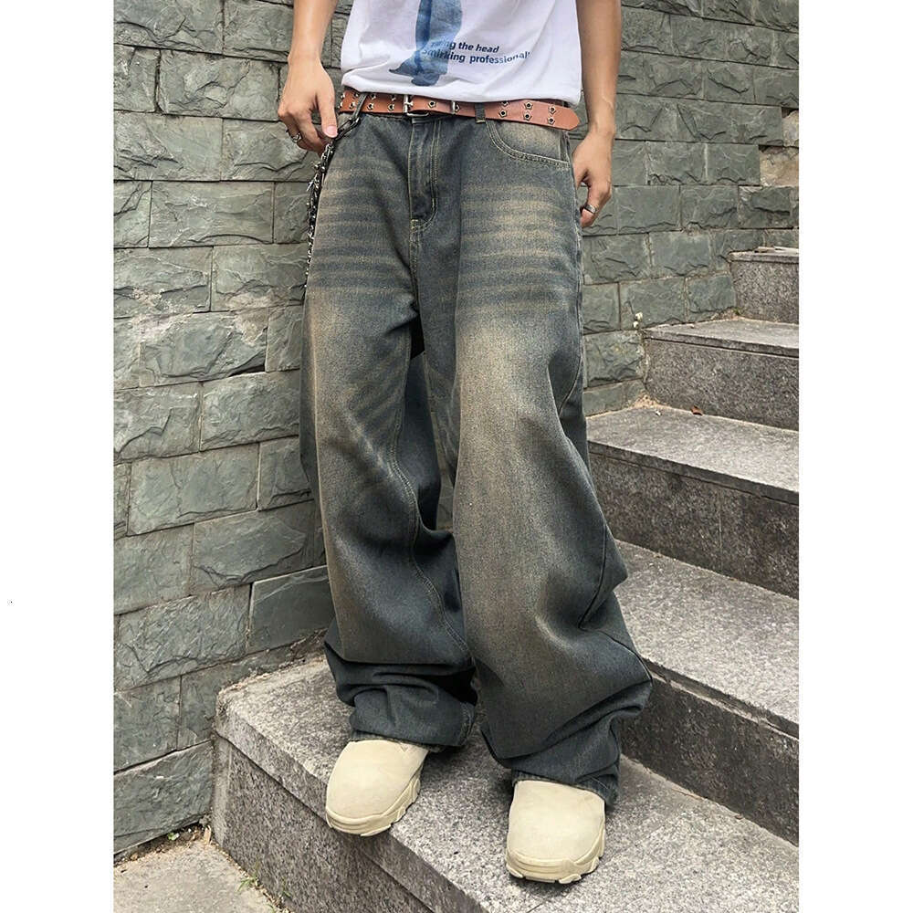 2025 Spring and Autumn New Street Style Trendy Brand Washed Design Jeans Loose Floor-Length Wide-Leg Pants
