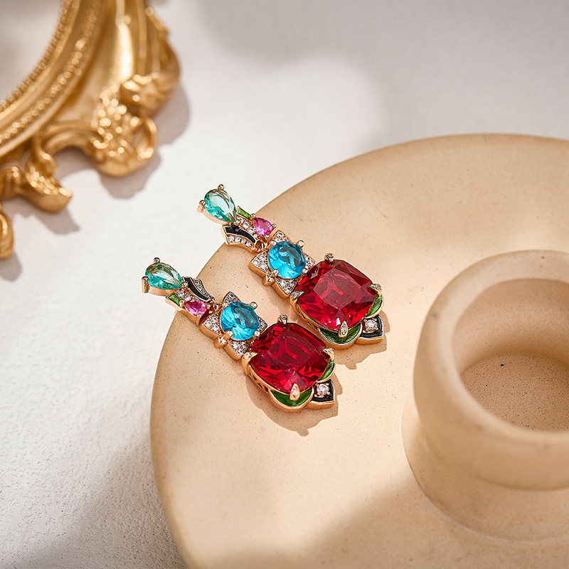 Earrings Simulated Red Diamond Earrings, Gold-Plated, Contrasting Colors Earrings, Symmetrical Inlay Earrings, Fashionable And Luxurious Women's 