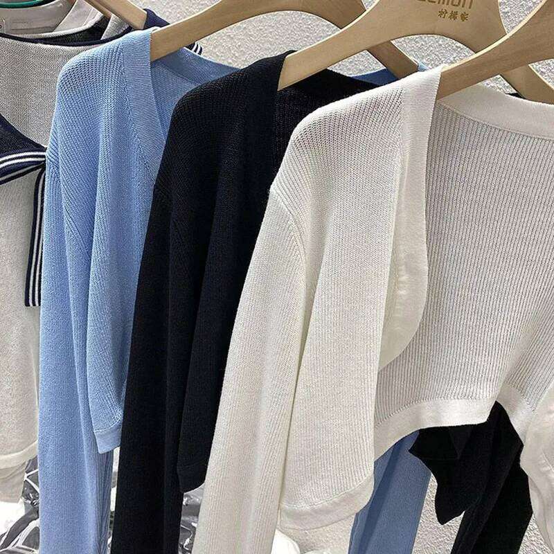2025 Girls Fashion Solid Knitted Cardigan Women Outside Loose Fit Short Tops Lady Classic Korean Ice Silk Clothes 26L0224