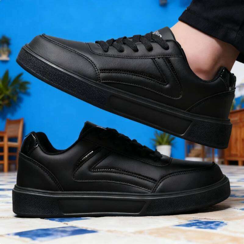 Men's All Black Classic Design Flat Daily Life Casual Lace-Up Shoes Fashion Comfortable Walking Sneakers
