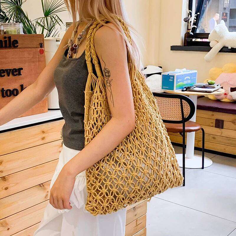Large Summer Handmade Knitted Boho Shoulder Bag Woven Tote Beach Hollow out Women's Stylish Shopping Handbag Carrier Z260224