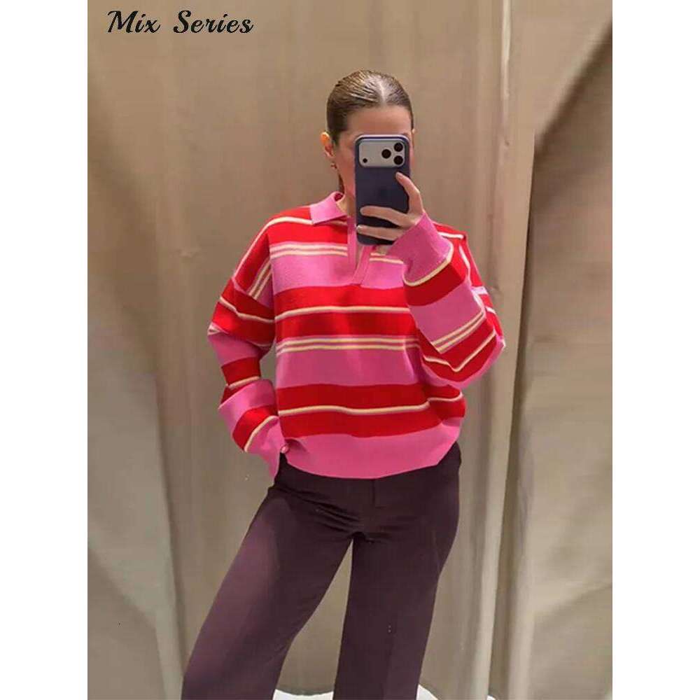 Fashion Polo Collar Striped Knit Sweater Women's Long Sleeve Loose Pullover Top 2026 Spring New Lady All-match Casual Wear 26W0224