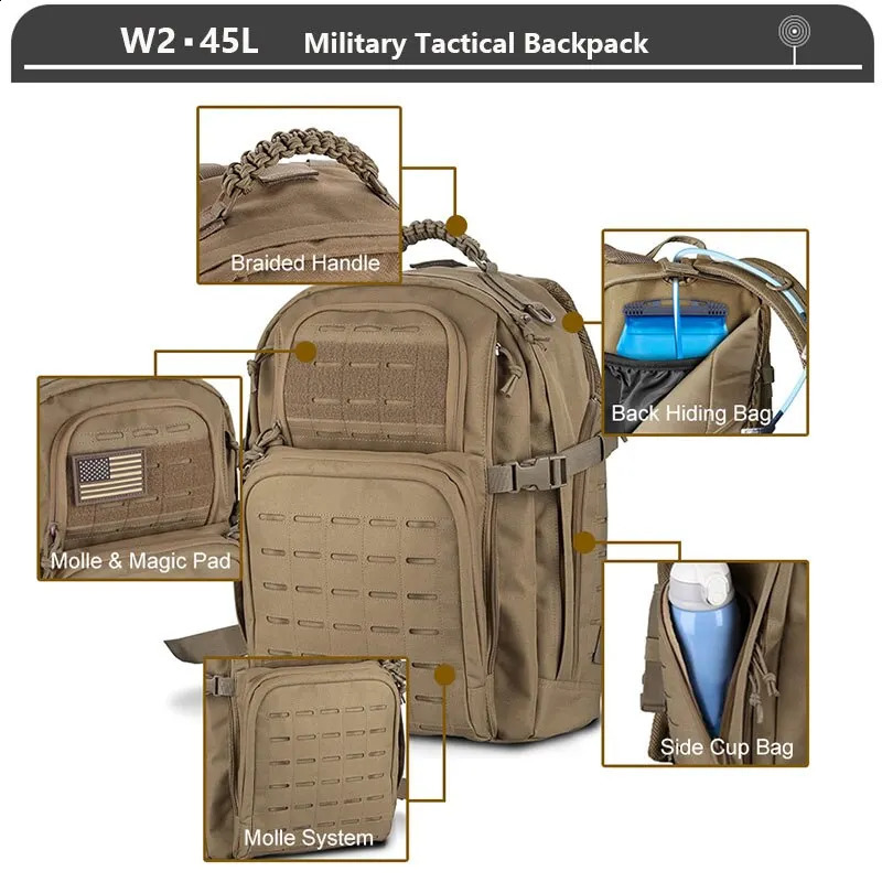 Tactical Backpack 3 Day Assault Pack Molle Bag 38/45L Large Outdoor Waterproof Hiking Camping Travel 600D Rucksack Men Fishing260128