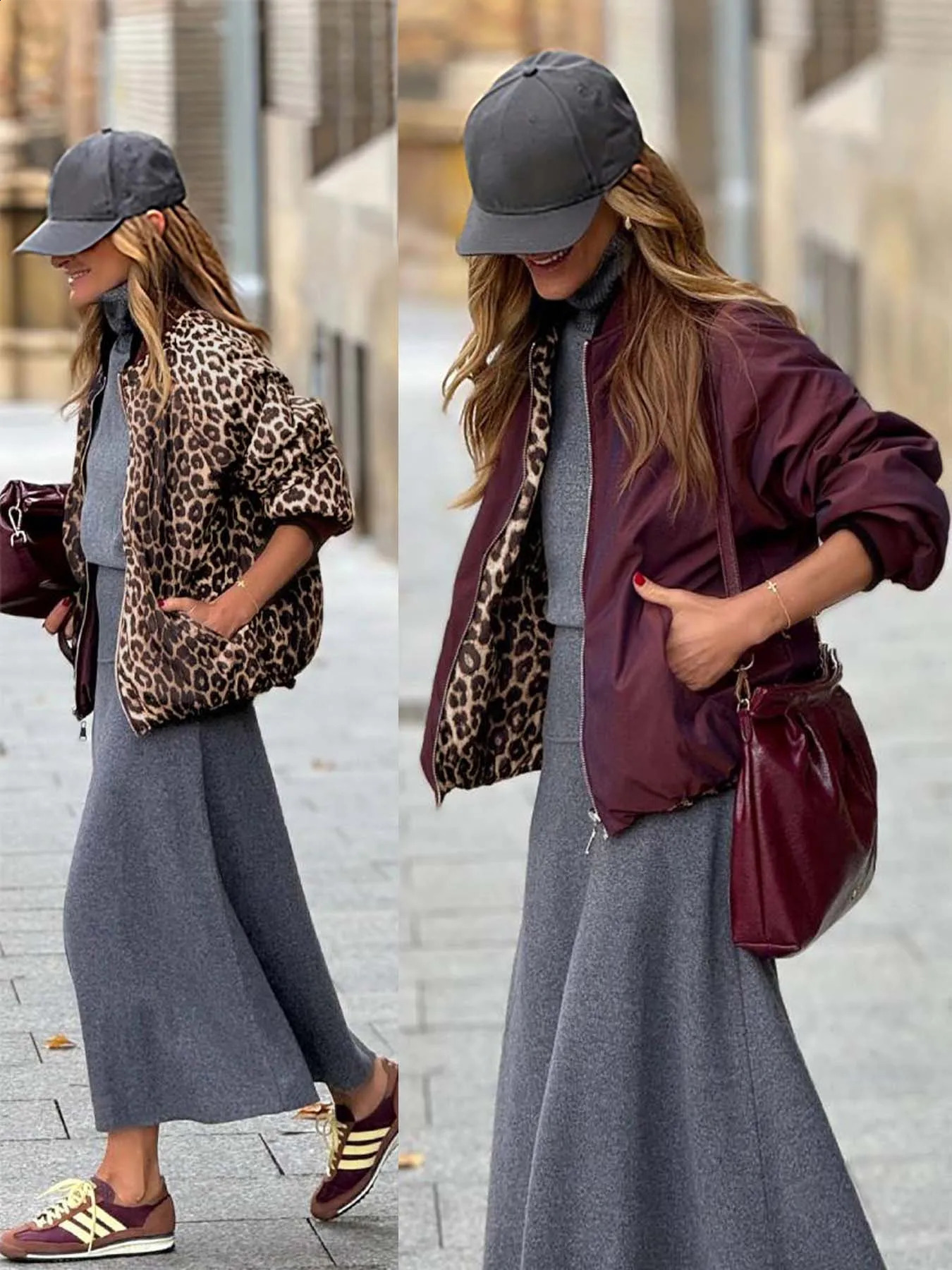 Beautiful reversible womens jacket baseball collar with side pockets and zippered placket leopard print 766 260126