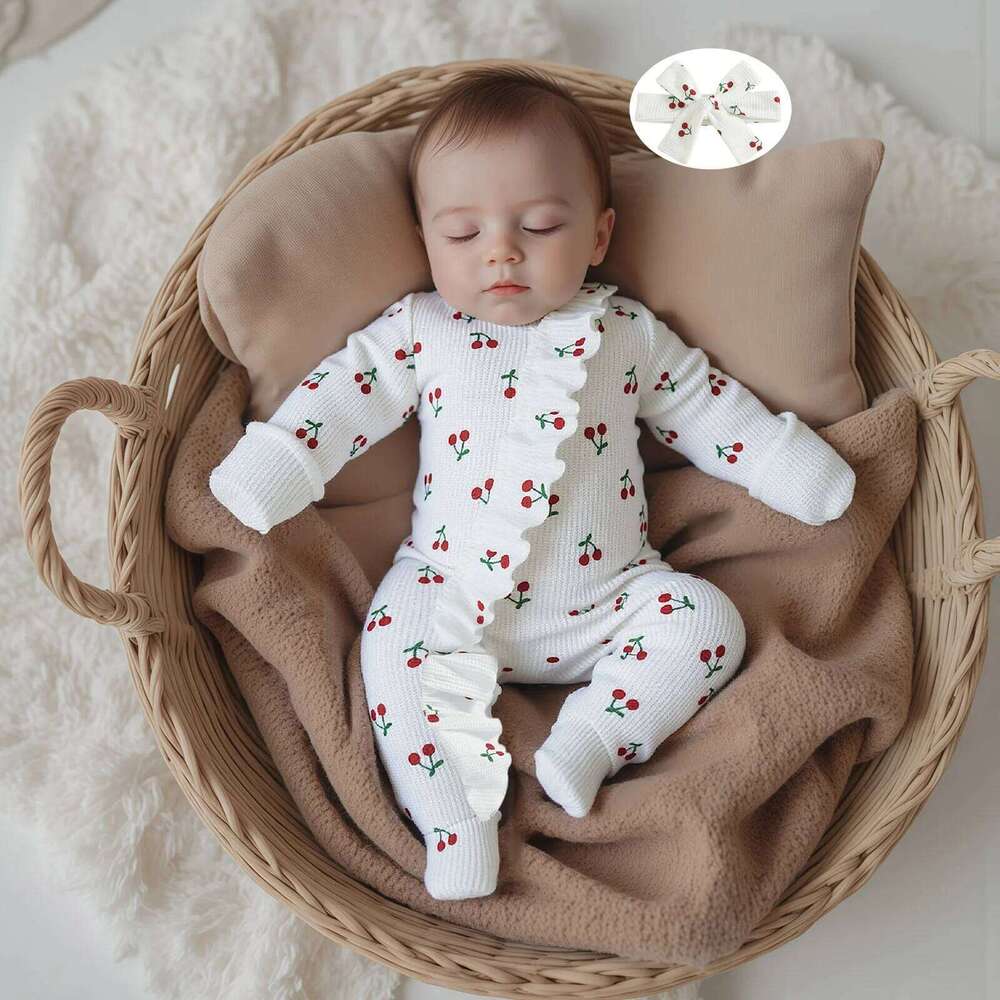 Newborn Baby Girl Fall Romper Cherry Print Long Sleeve Zip Up Round Neck Ruffled Footed Jumpsuit with Headband 26H0224