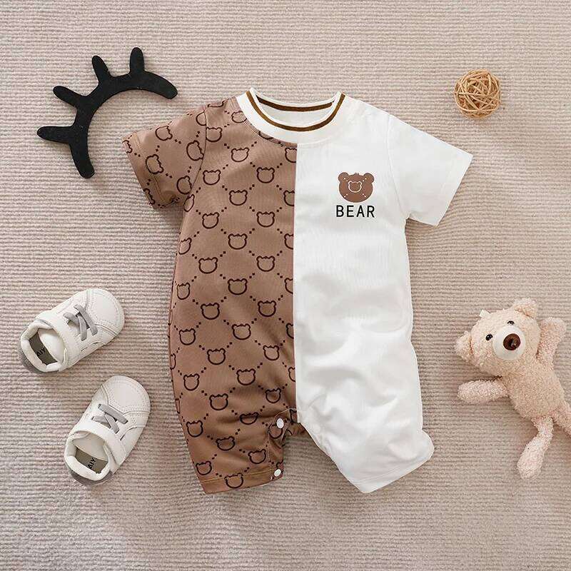 Newborn Clothes Cute Patchwork Teddy Bear Comfortable Soft Summer Boys And Girls 0-18 Short Sleeved Baby Jumpsuit 26Y0224