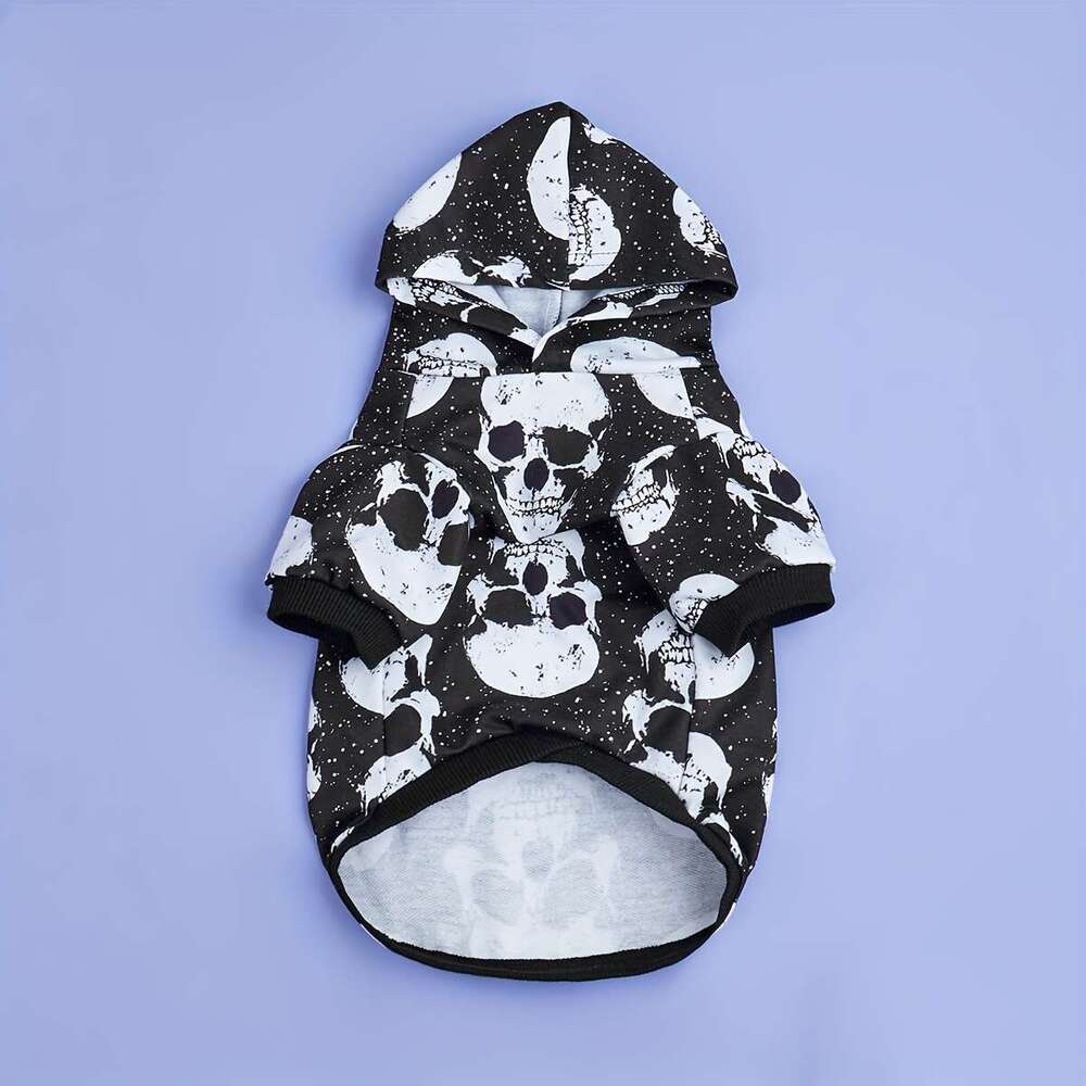 Spooky Skull Print Dog Hoodie - All-Season Pet Sweatshirt For Small To Medium Breeds, Machine Washable Bamubi