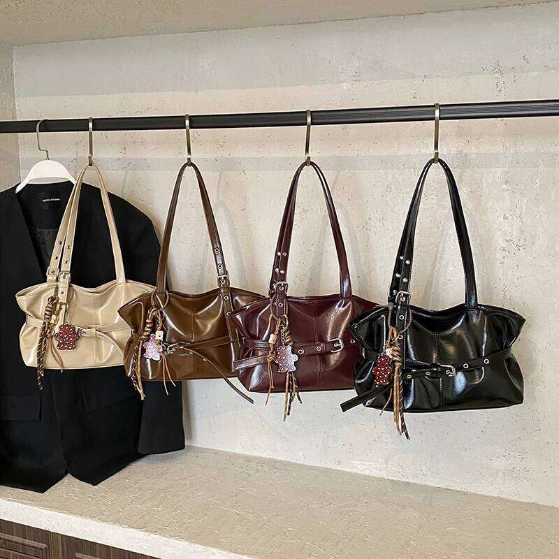 Korean-Style Casual Waxed Leather Large-Capacity Tote Bag, Fashionable Shoulder for Women, Simple and Versatile Underarm Bag Z260224