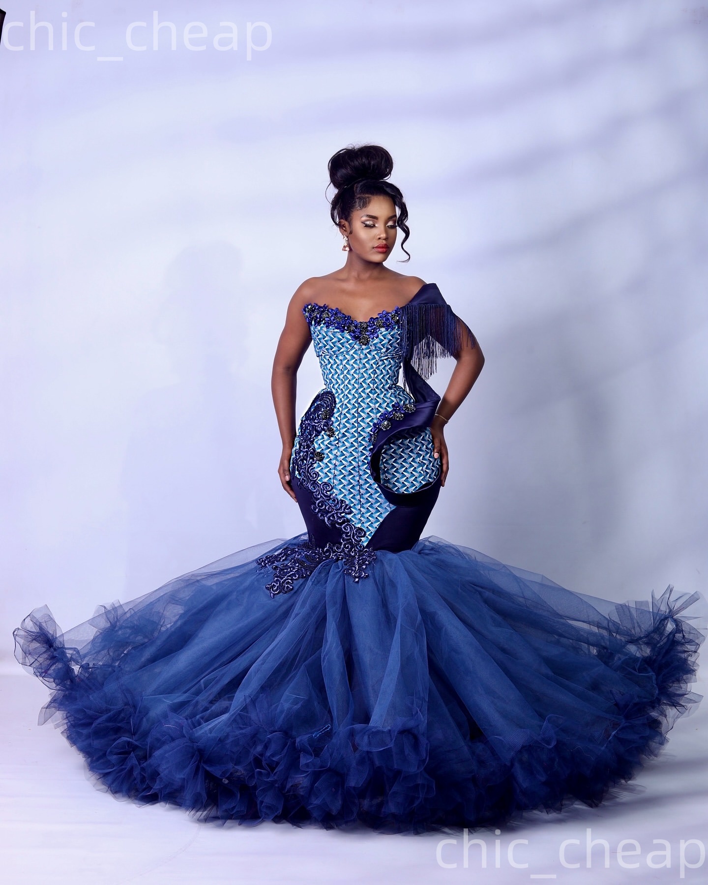 Aso Ebi Navy Blue Mermaid Prom Dresses 2026 Flowers Printed Sweetheart Evening Formal Party Second Birthday Engagement Gowns Dress For Special Occasio