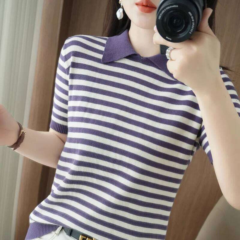 Summer 100% Cotton T-shirt Women's Knitted Short Sleeve Casual Stripe POLO Collar Tees Loose Blouse Basic Versatile Tops Jumper 26W0224