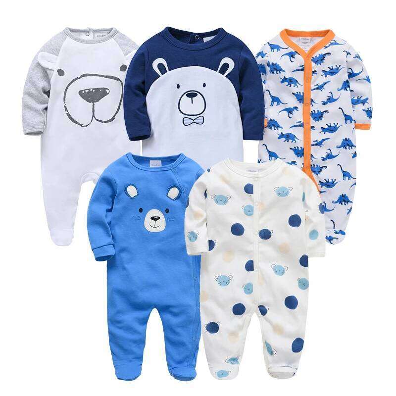 Spring Baby Boys Clothing Blue Bear Printing Kids Rompers Knit Cotton Newborn Overalls Pajamas 26Y0224