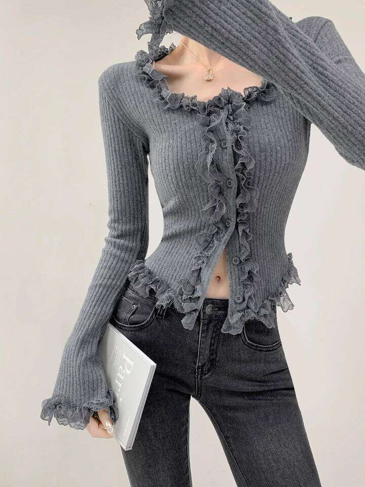 2026 Square Collar Lace Edge Splicing Long Sleeve Knitted Sweater Women's Retro Short Style Slim Tops Single-breasted Cardigan 26L0224