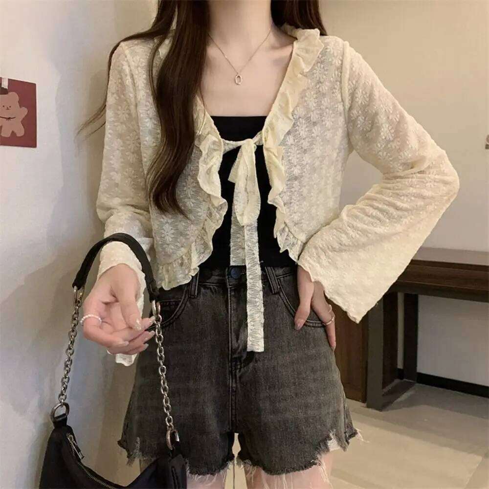 New Polyester Sunscreen Cardigan Lace-up Knitwear Tops Long Sleeve Thin Coat Women 26L0224
