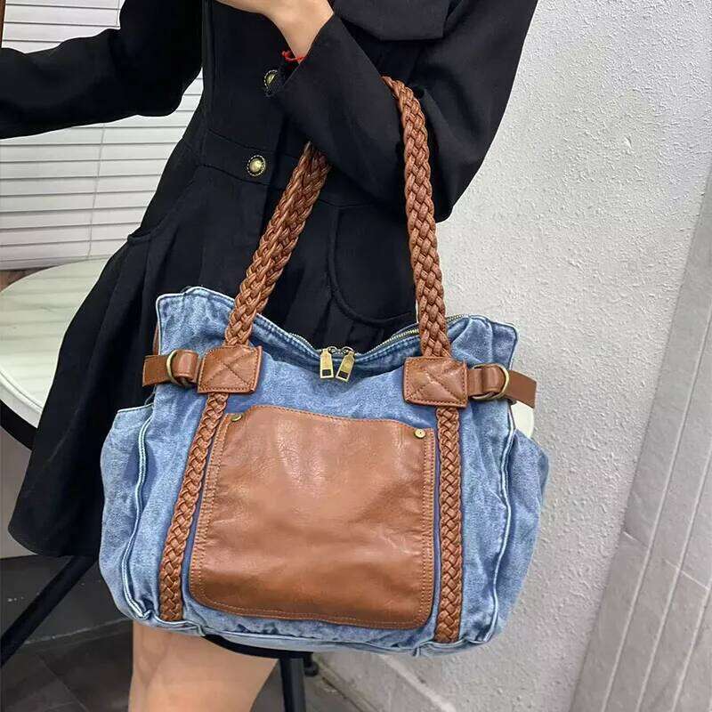Washed Denim Shoulder Bag,Women Large Capacity Vintage Tote Bag,Effortless Chic Casual All-Match Contrast Color Splicing Handbag Z260224