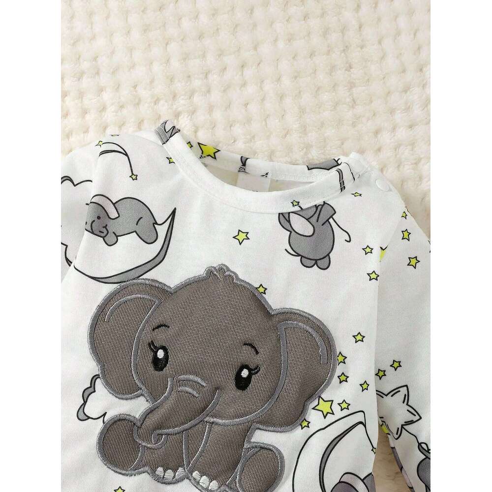 2pcs Baby Cute Elephant Pattern Embroidery Long Sleeve Romper With Hat 26Y0224