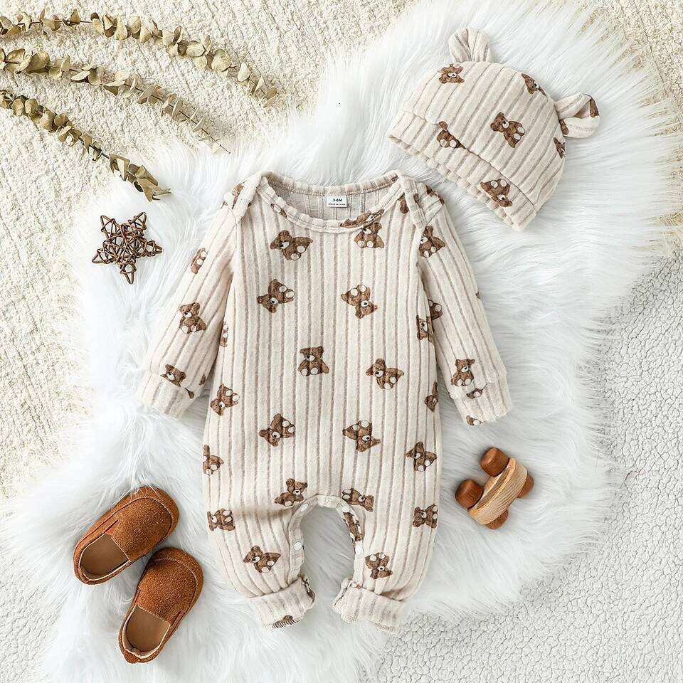 Newborn Fall Unisex Baby Girls Boys Rompers Infant Clothes Bear Print Crew Neck Long Sleeve Toddler Jumpsuits with Hat 1-24M 26H0224