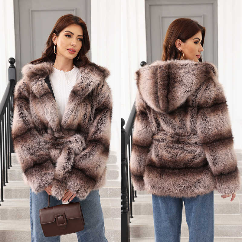 Fashionable Belted Hooded Faux Fur Coat for Women - New Winter Style Versatile Women's Clothing